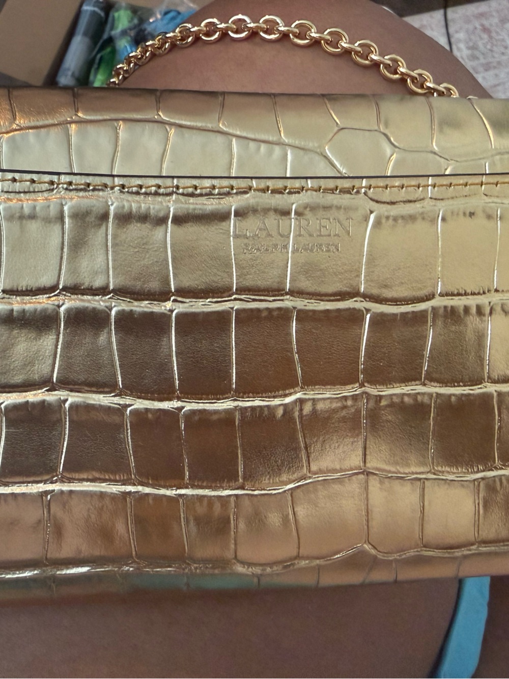 Ralph Lauren Metallic Gold Croc-Embossed Chain Clutch - Picture 5 of 6